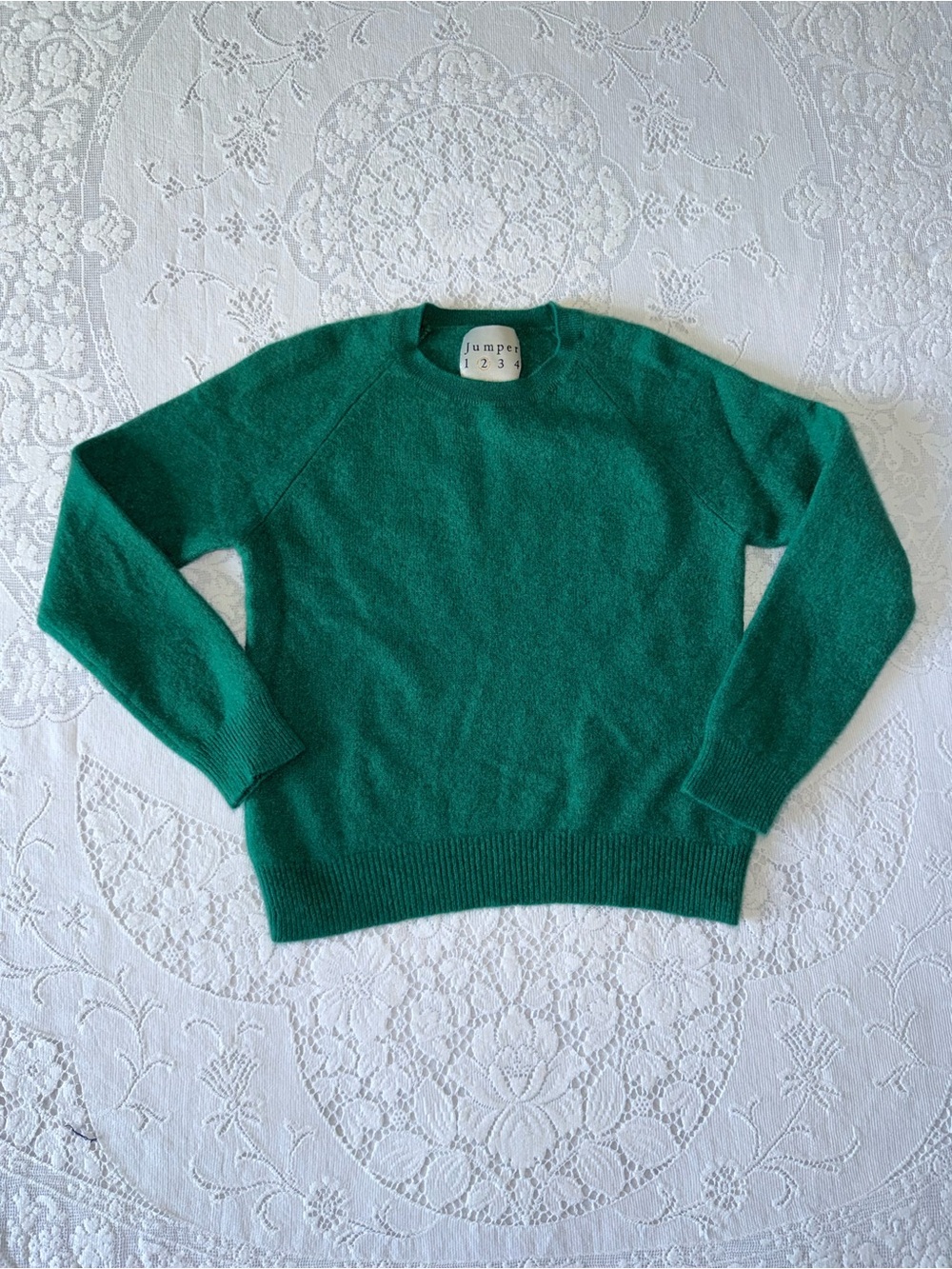 Jumper 1234 100% Cashmere Green Raglan‎ Crewneck Sweater Size 2 US Small UK 10